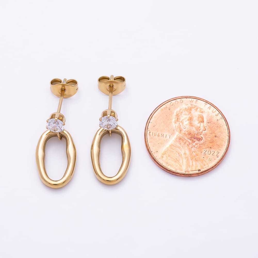 Stainless Steel PVD 18mm Clear CZ Open Molten Oval Drop Earrings in Gold & Silver | Earrings-01155 Earrings-01156