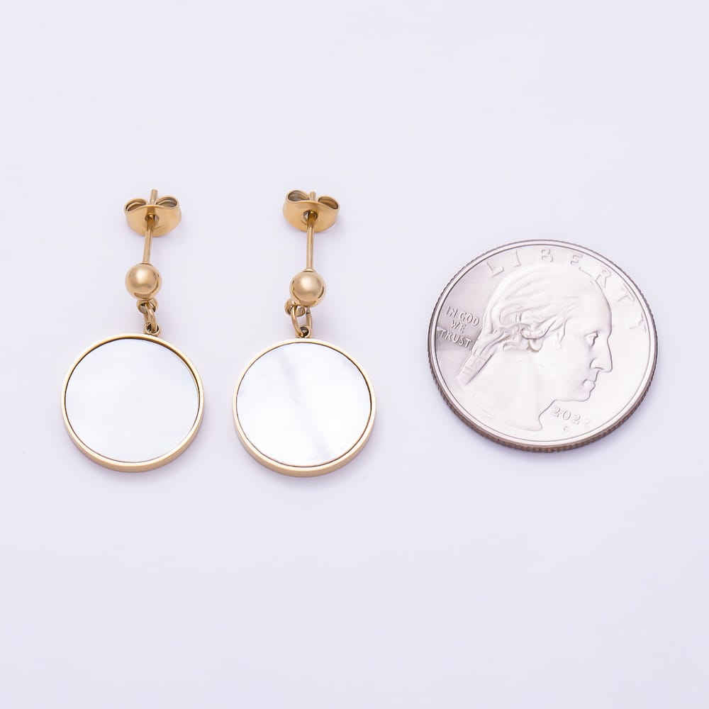 Stainless Steel 24mm Shell Pearl Round Ball Bezel Drop Stud Earrings | Earrings-01151
