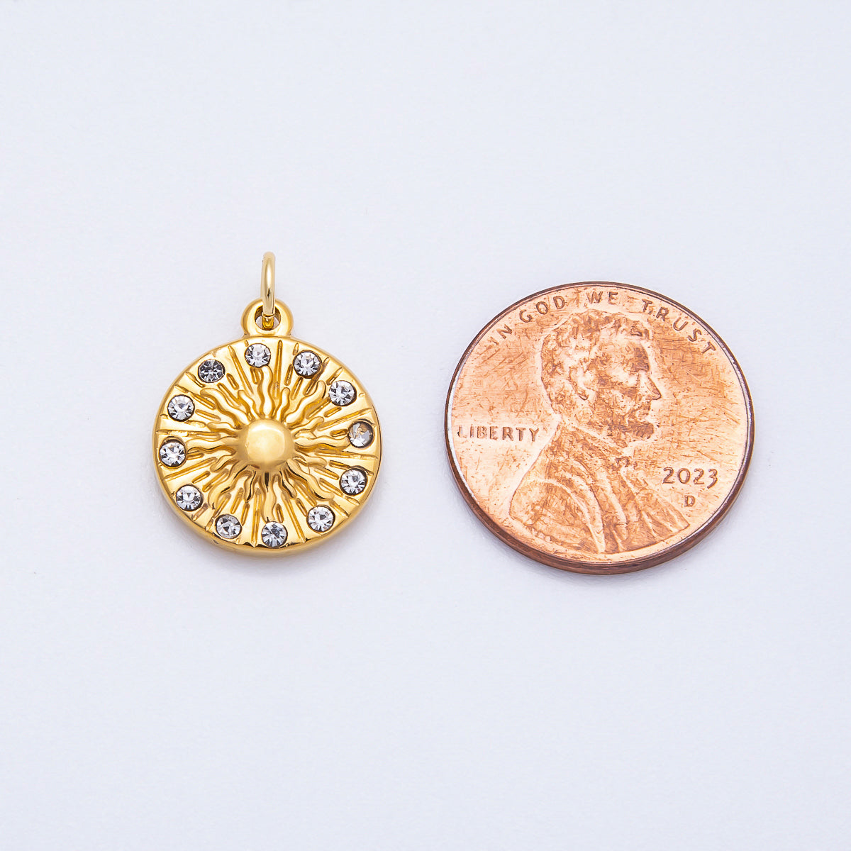 PVD Stainless Steel 16mm Clear CZ Celestial Sun Round Charm | Charms-00708