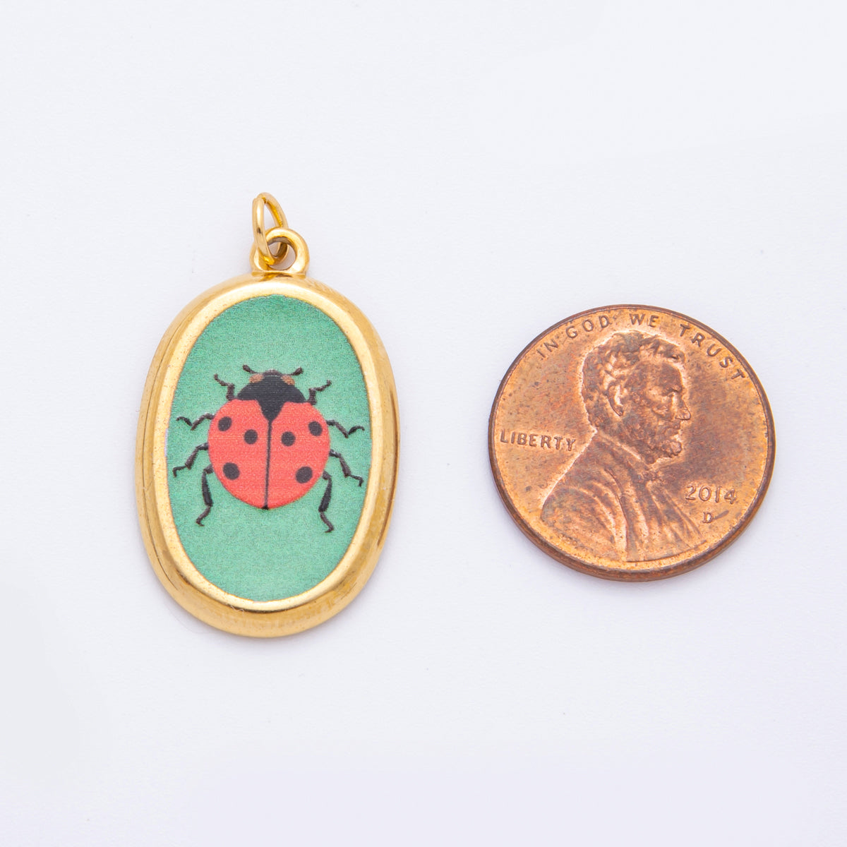 Gold Stainless Steel 31mm Hand-Painted Enamel Oval Ladybug Insect Charm | J420