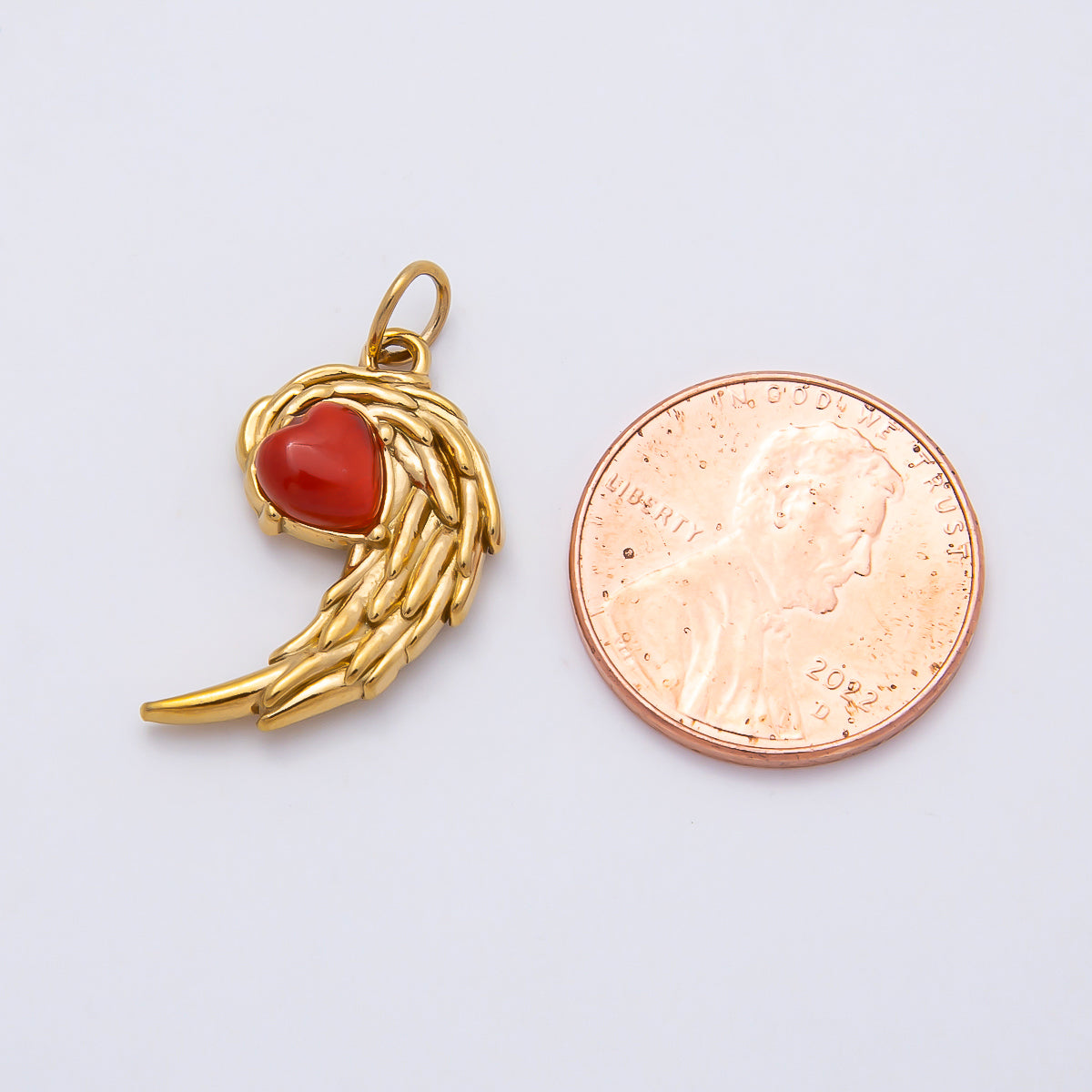 PVD Gold Stainless Steel 22mm Red, Green Heart Curved Angel Wing Charm | Charms-01125 Charms-00808