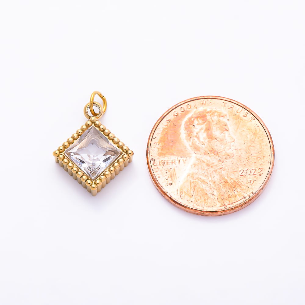 Stainless Steel PVD 14mm Princess Cut Clear CZ Geometric Rhombus Mini Charm in Gold & Silver | Charms-02064 - Charms-02065