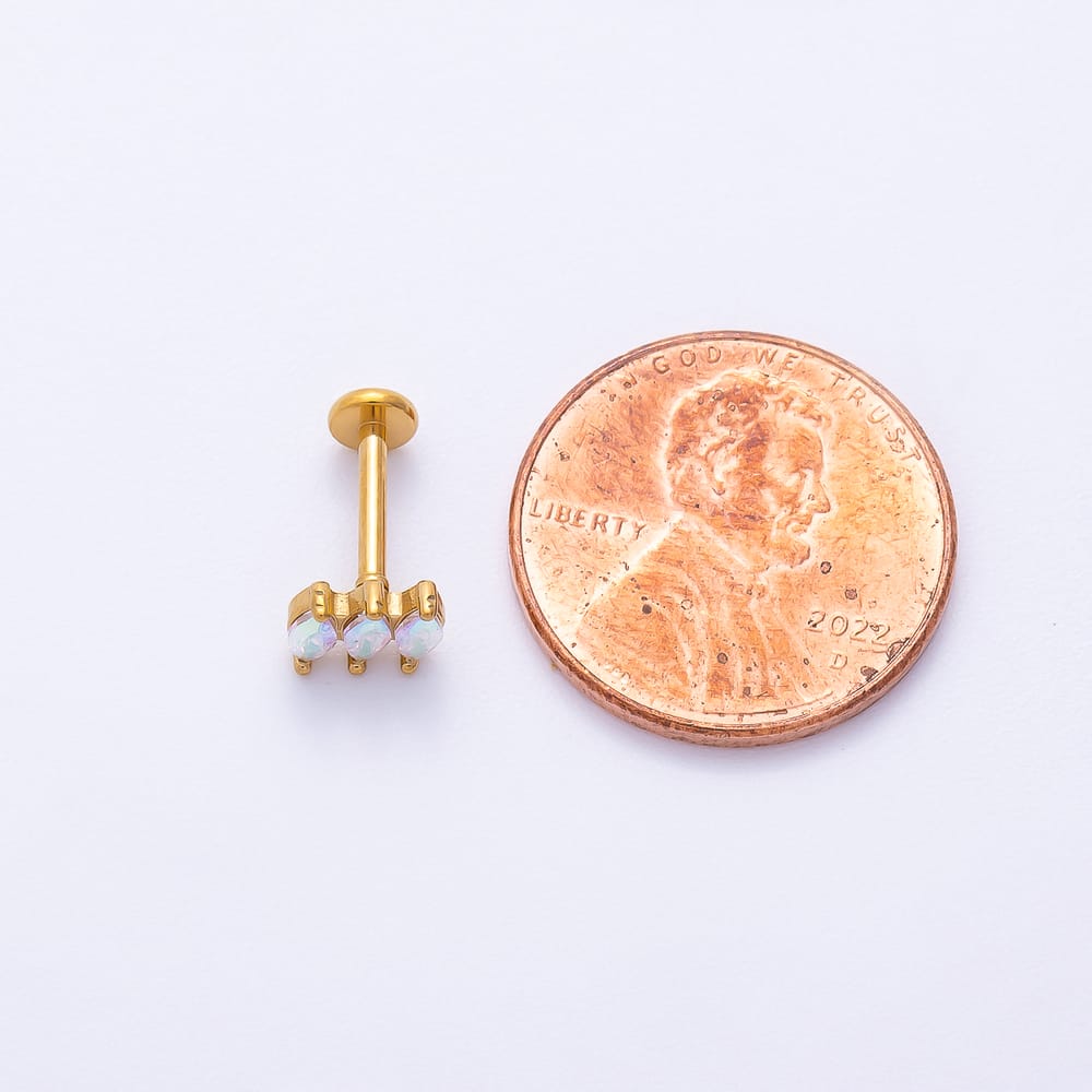 Titanium 5mm Triple White Opal Marquise Cartilage Piercing Flat Back Stud in Gold & Silver | BJ-00255 BJ-00256
