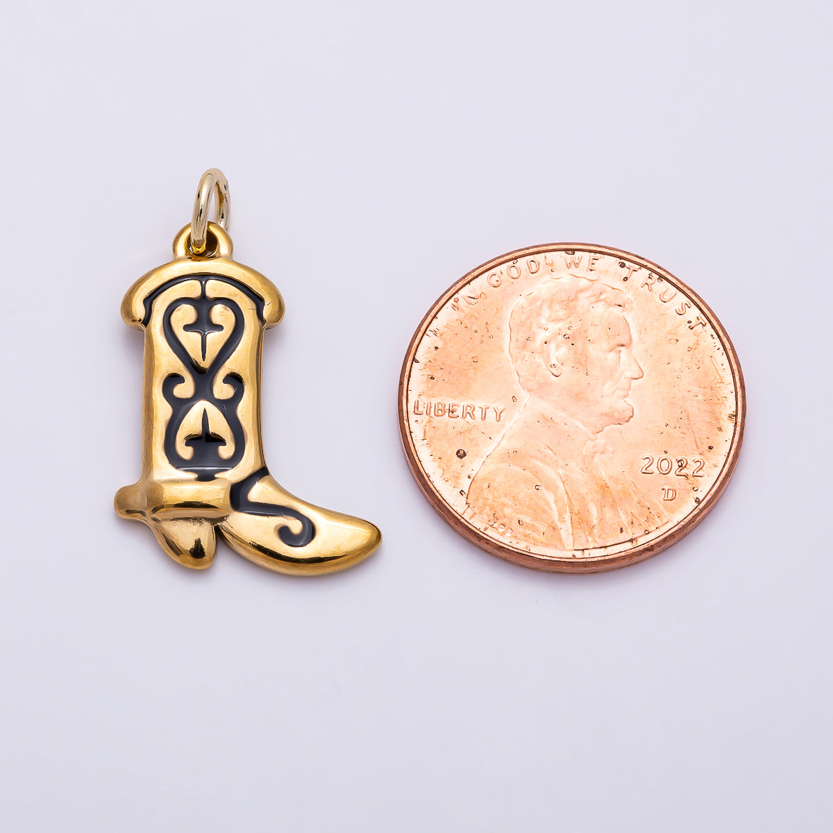 PVD Gold Stainless Steel 20mm Black Enamel Artisan Cowboy Boot Charm | Charms-01443