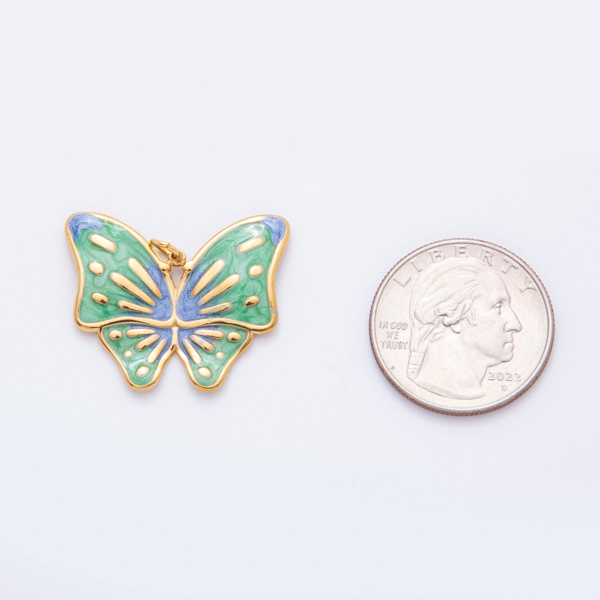 Gold Stainless Steel 48mm Orange & Green Enamel Mariposa Butterfly Dual Colors Charm | J232 J242