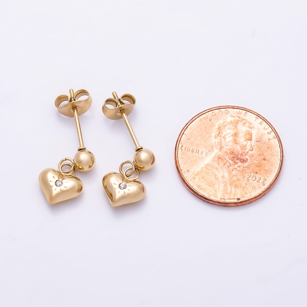 Stainless Steel PVD 10mm Clear CZ Starburst Chubby Heart Round Drop Stud Earrings in Gold & Silver | Earrings-01159 Earrings-01160