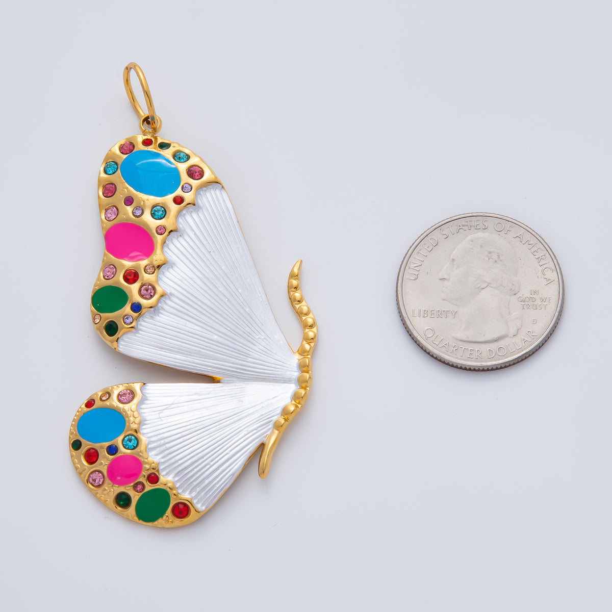 Gold Stainless Steel 62mm Handpainted Enamel Butterfly Charm | J890