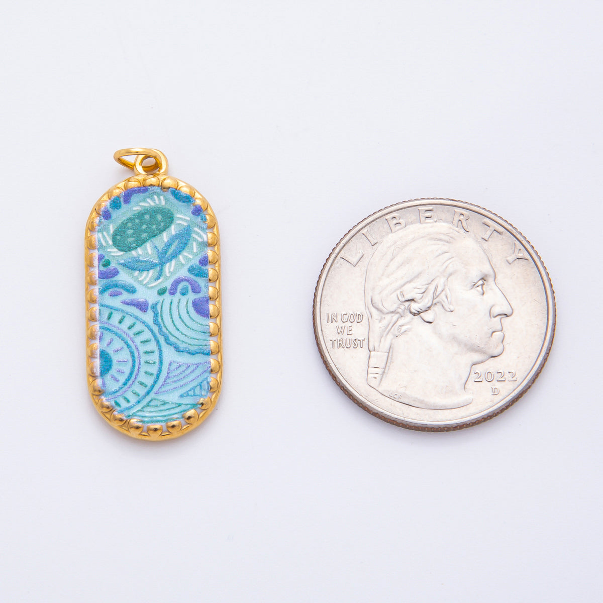 Gold Stainless Steel 34mm Hand-Painting Enamel Artsy Floral Long Oval Charm | J723 J737 J739 J759 J770