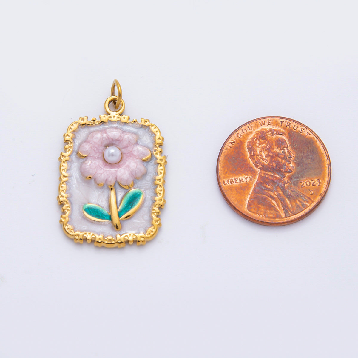Stainless Steel Pink Daisy Flower Enamel Geometric Tag Rectangular Charm | C095