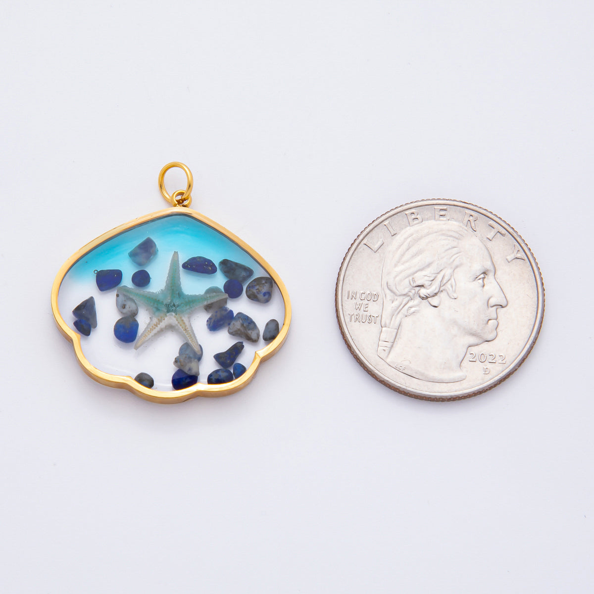 Gold Stainless Steel 29mm Ocean Blue Resin Starfish & Beach Stones Charm | J696