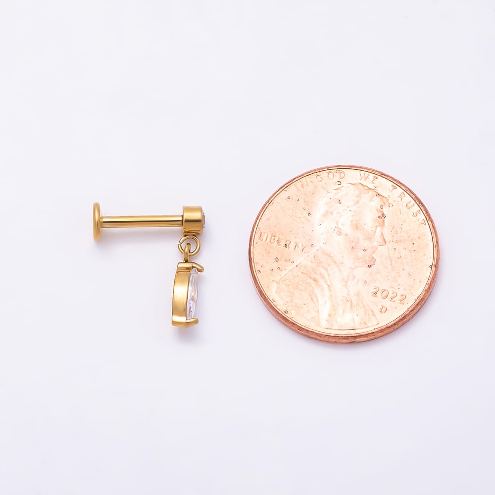Titanium 13mm Clear CZ Round Marquise Drop Cartilage Piercing Flat Back Stud in Gold & Silver | BJ-00317 BJ-00318