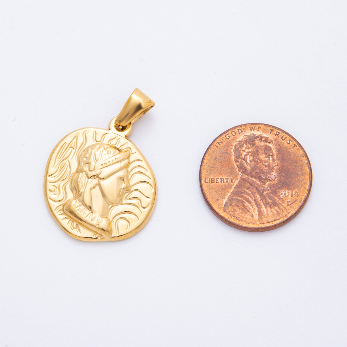 Stainless Steel 28mm Athens King Textured Round Pendant Charm | J550