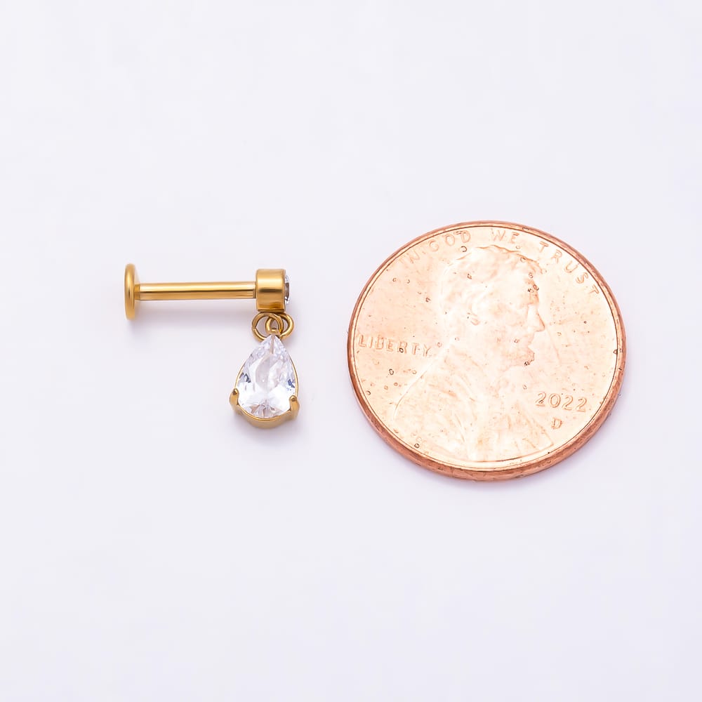 Titanium 13mm Clear CZ Round Teardrop Drop Cartilage Piercing Flat Back Stud in Gold & Silver | BJ-00315 BJ-00316