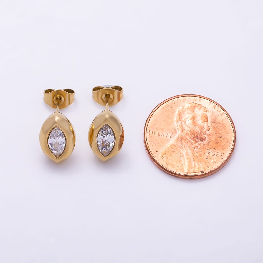 Stainless Steel 11mm Clear CZ Marquise Geometric Molten Bezel Mini Stud | Earrings-01152