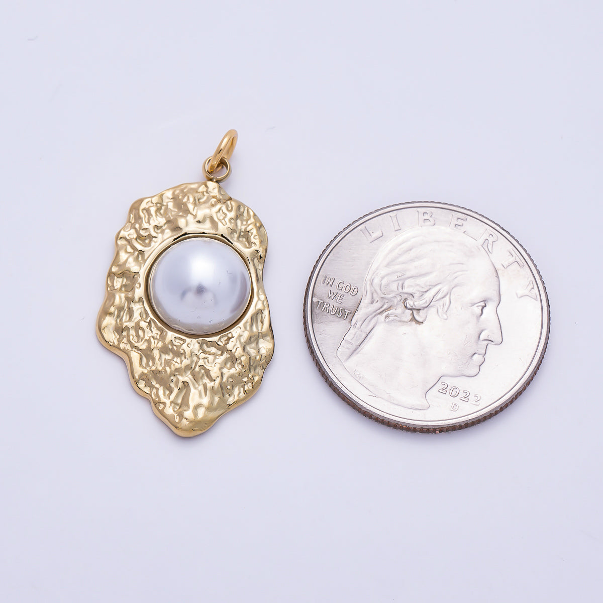 PVD Gold Stainless Steel 30mm White Shell Pearl Hammered Molten Charm | Charms-01437