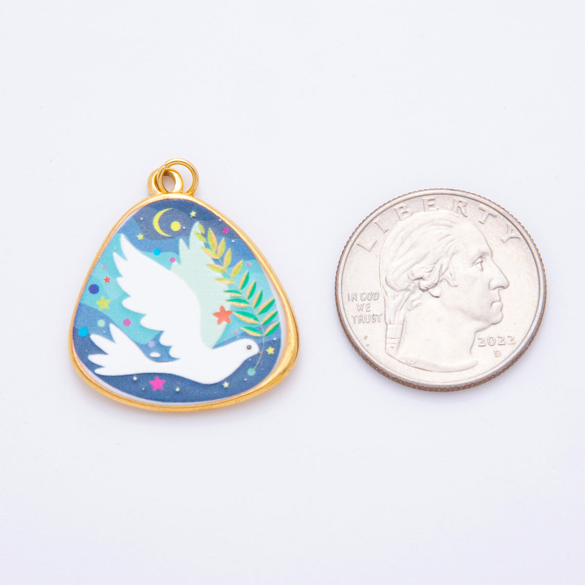 Gold Stainless Steel 33mm Hand-Painted Enamel Lovely Dove & Kitty Car Charm | J447