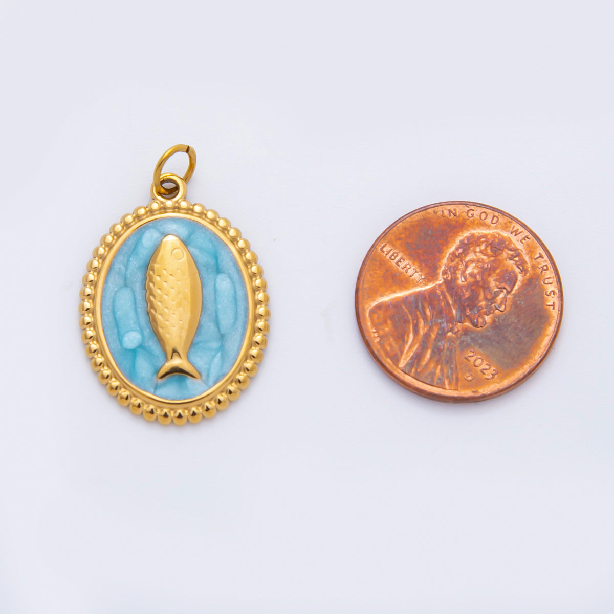 Stainless Steel 27mm Blue, White, Pink Sardine Fish Dotted Outline Oval Charm | C277 C293