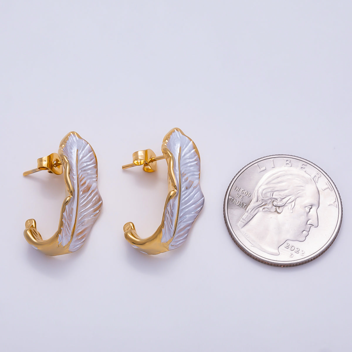 Stainless Steel 25mm White Feather Leaf Enamel J-Shaped Hoop | Earrings-00712