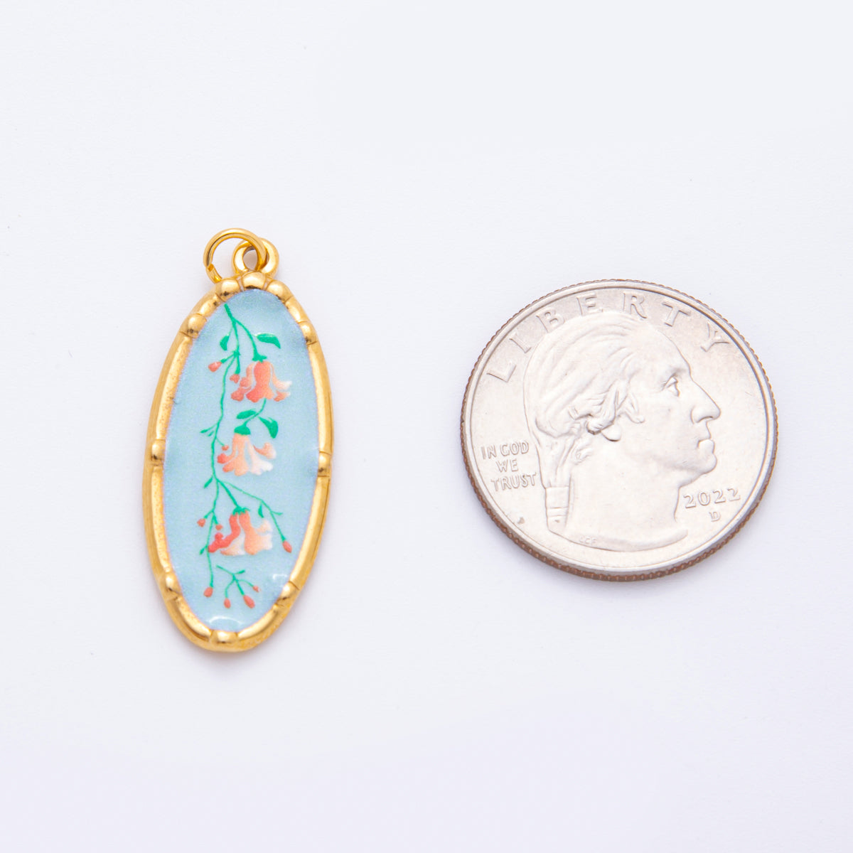 Gold Stainless Steel 37mm Hand-Painted Enamel Oval Wildflower Charm | J398 J406 J409 J411 J419
