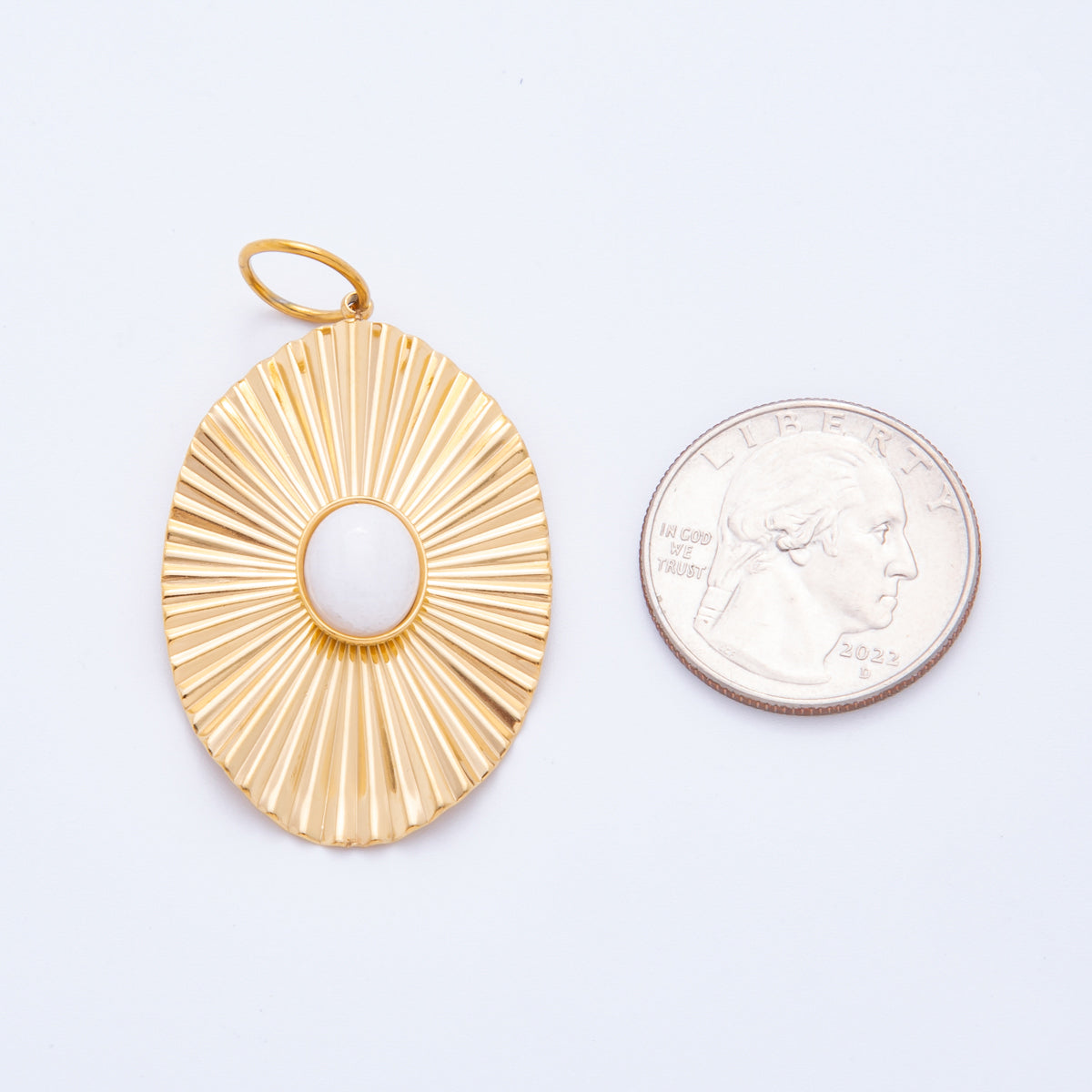 Stainless Steel 50mm White Jade Gemstone Cabochon Sunburst Oval Charm | J488