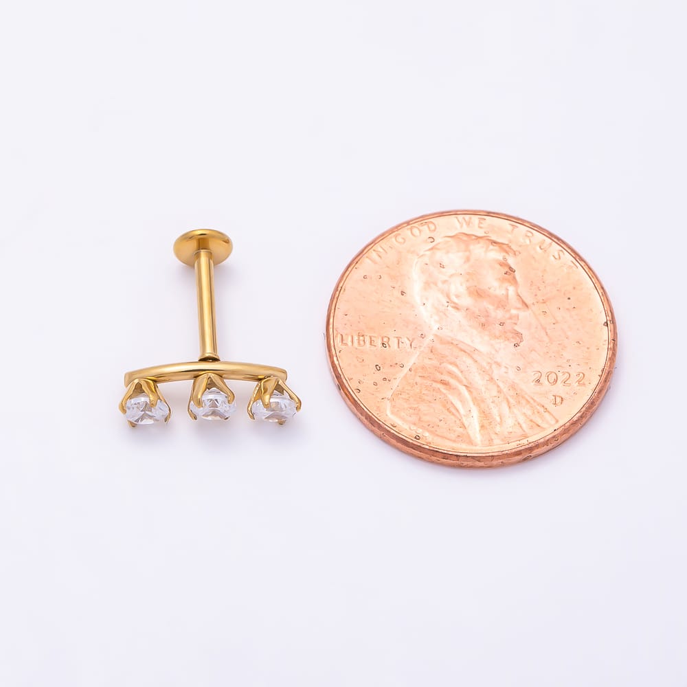 Titanium 4mm Clear CZ Triple Round Curved Cartilage Piercing Flat Back Stud in Gold & Silver | BJ-00305 BJ-00306