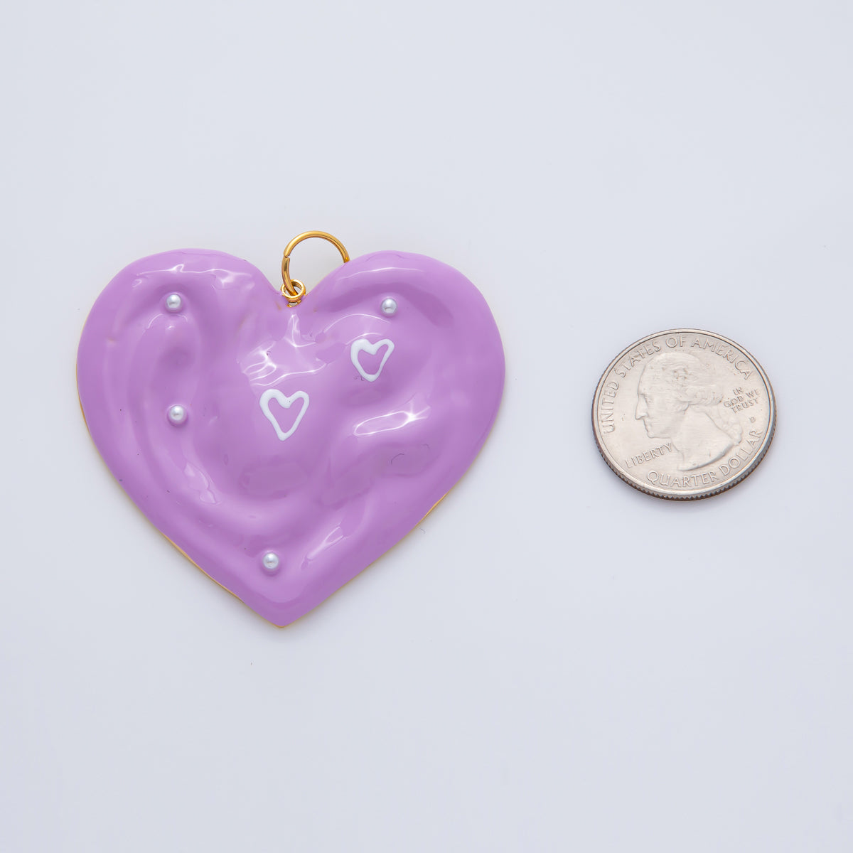 Gold Stainless Steel 57mm Handpainted Purple Enamel Heart Charm | J873