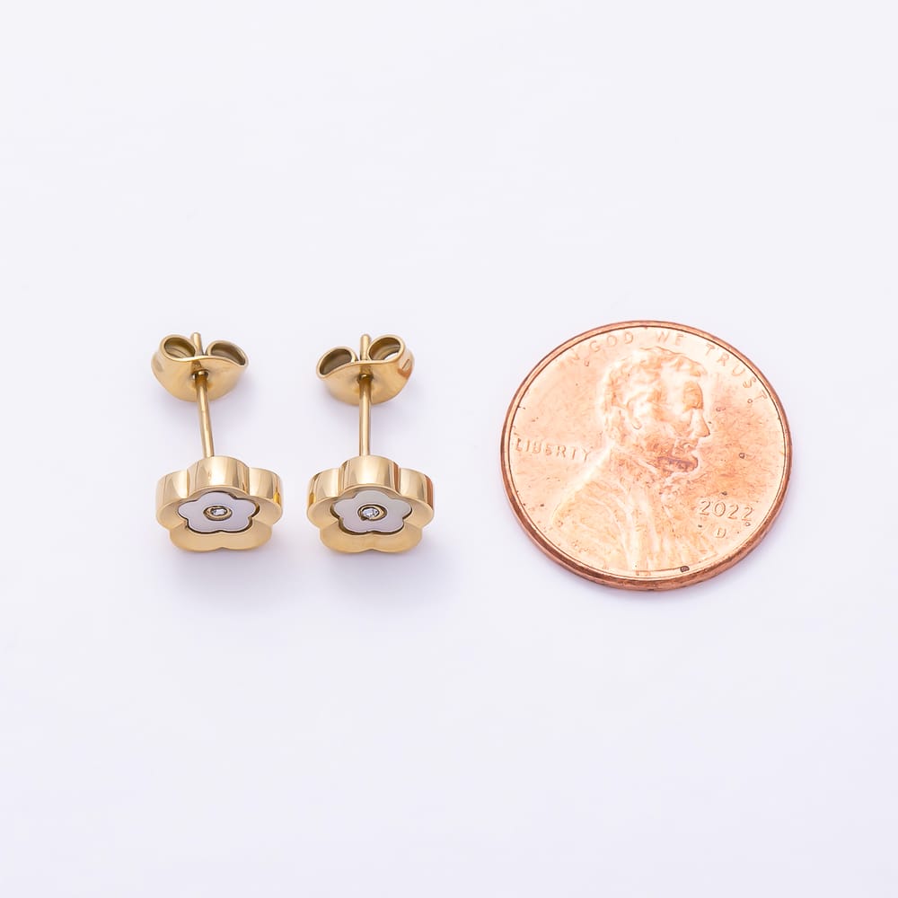 Stainless Steel PVD 8mm Clear CZ Shell Pearl Flower Outline Bezel Stud Earrings in Gold & Silver | Earrings-01157 Earrings-01158