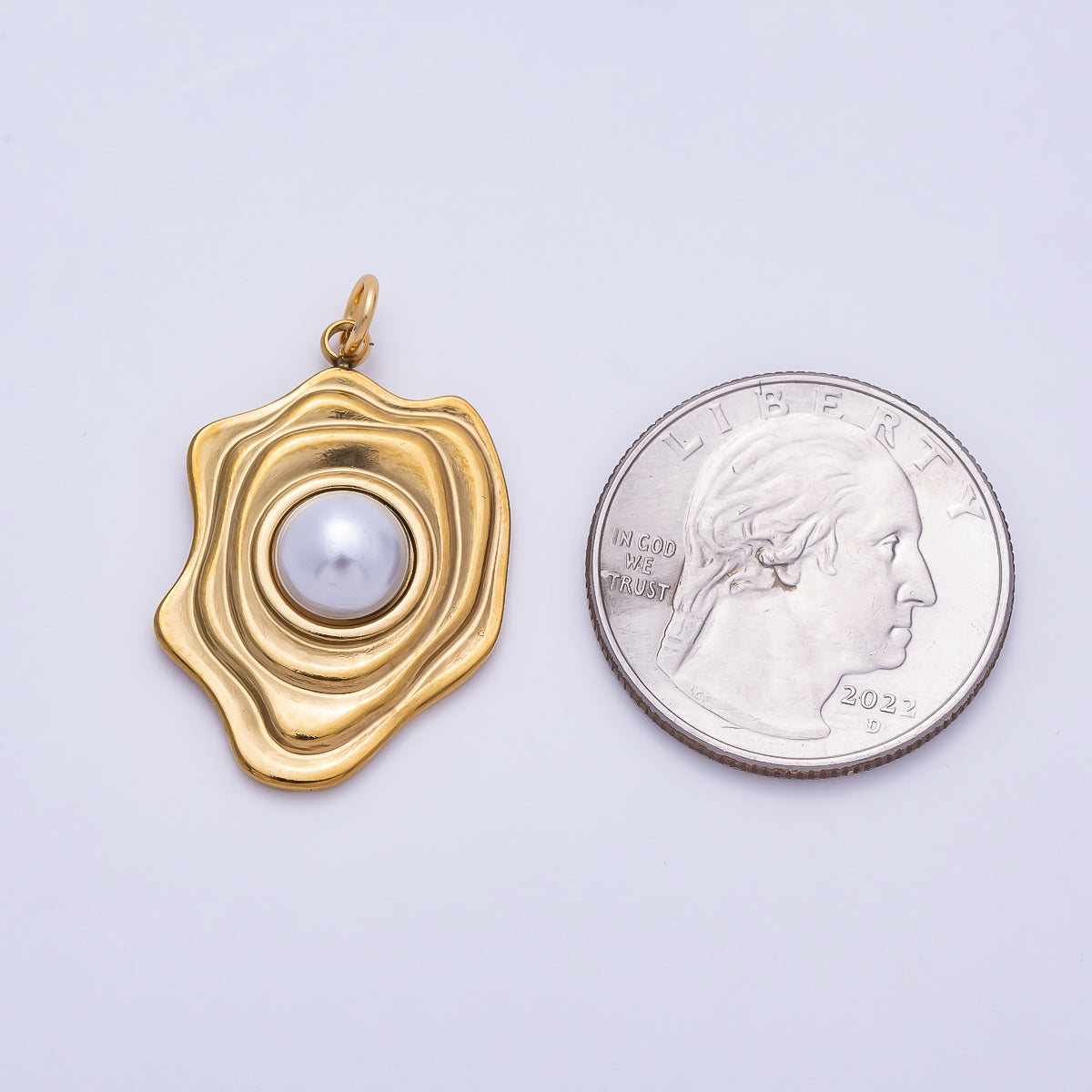 PVD Gold Stainless Steel 28mm Shell Pearl Lined Molten Geometric Charm | Charms-01442