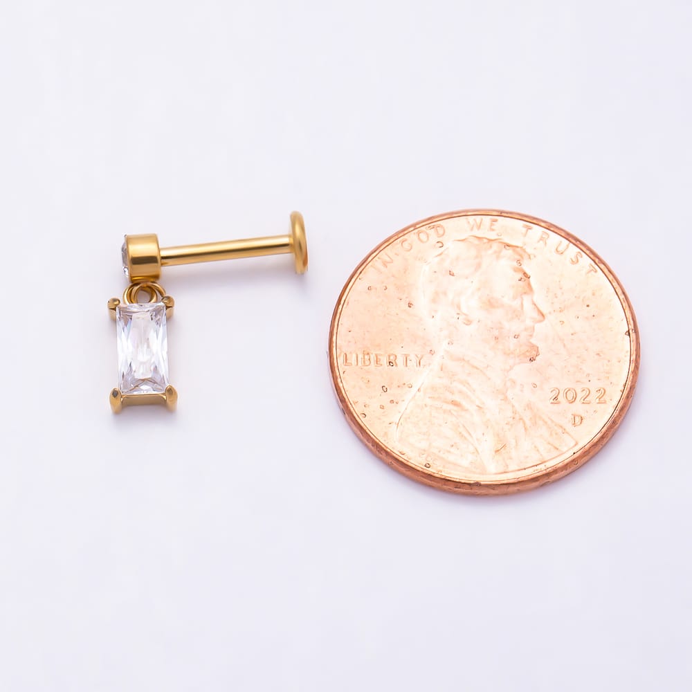 Titanium 12mm Clear CZ Round Baguette Drop Cartilage Piercing Flat Back Stud in Gold & Silver | BJ-00319 BJ-00320