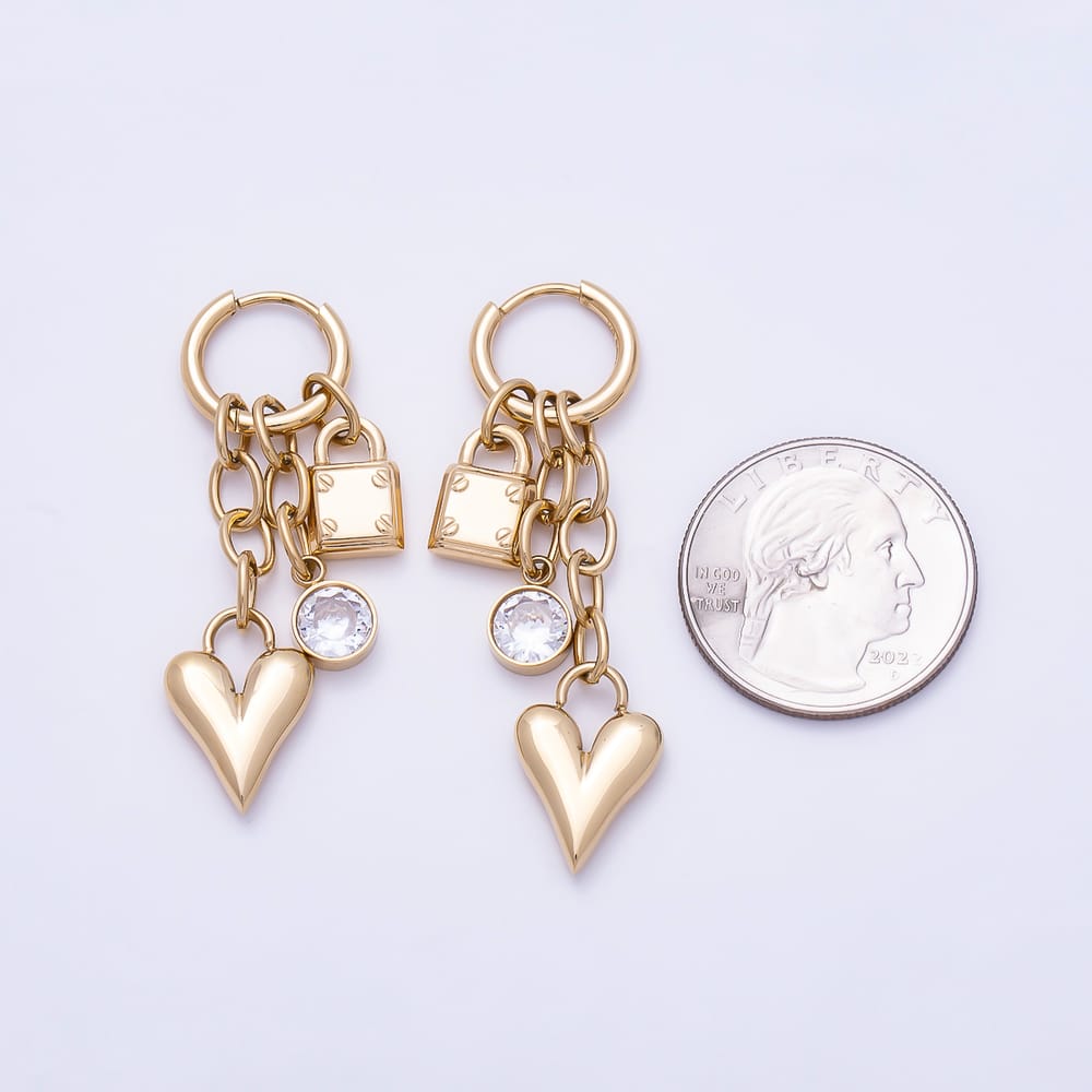 Stainless Steel PVD 45mm Round CZ Puffy Heart Padlock Multi Drop Huggie Earrings in Gold & Silver | Earrings-01153 Earrings-01154