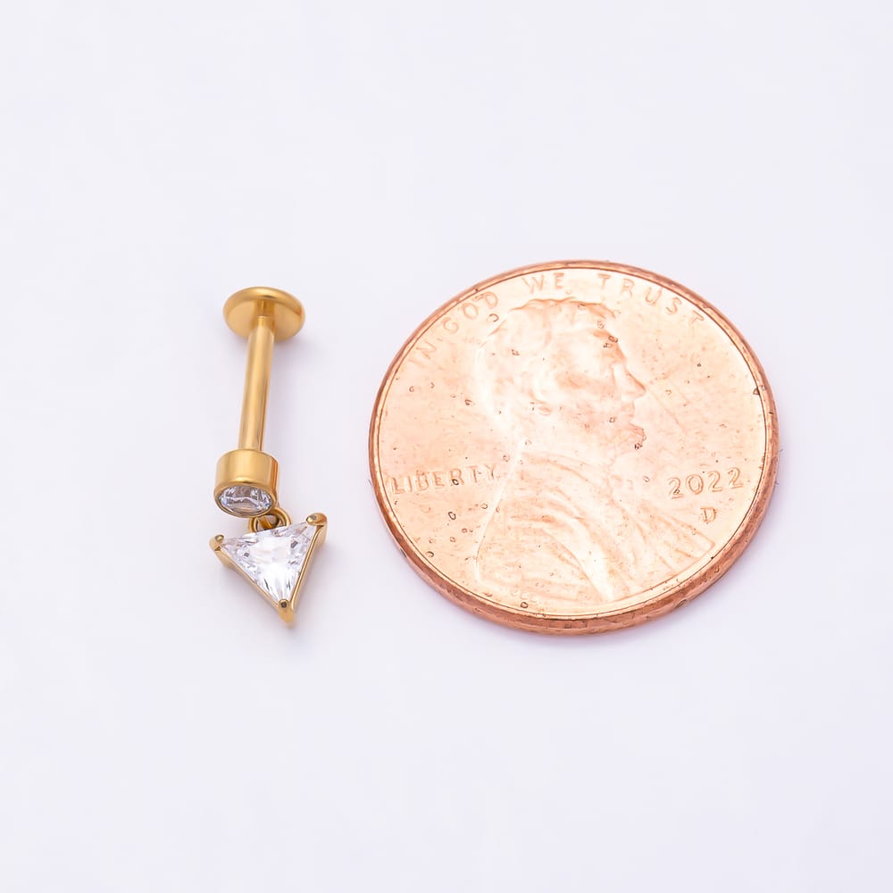 Titanium 10mm Clear CZ Round Triangle Drop Cartilage Piercing Flat Back Stud in Gold & Silver | BJ-00309 BJ-00310