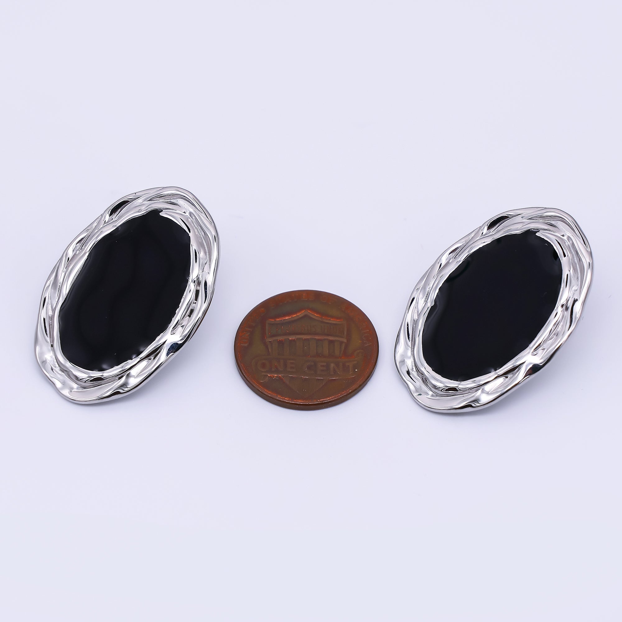 Gold & Silver Stainless Steel Black Enamel Oval Halo Void Stud Earrings | AJ091 AJ092
