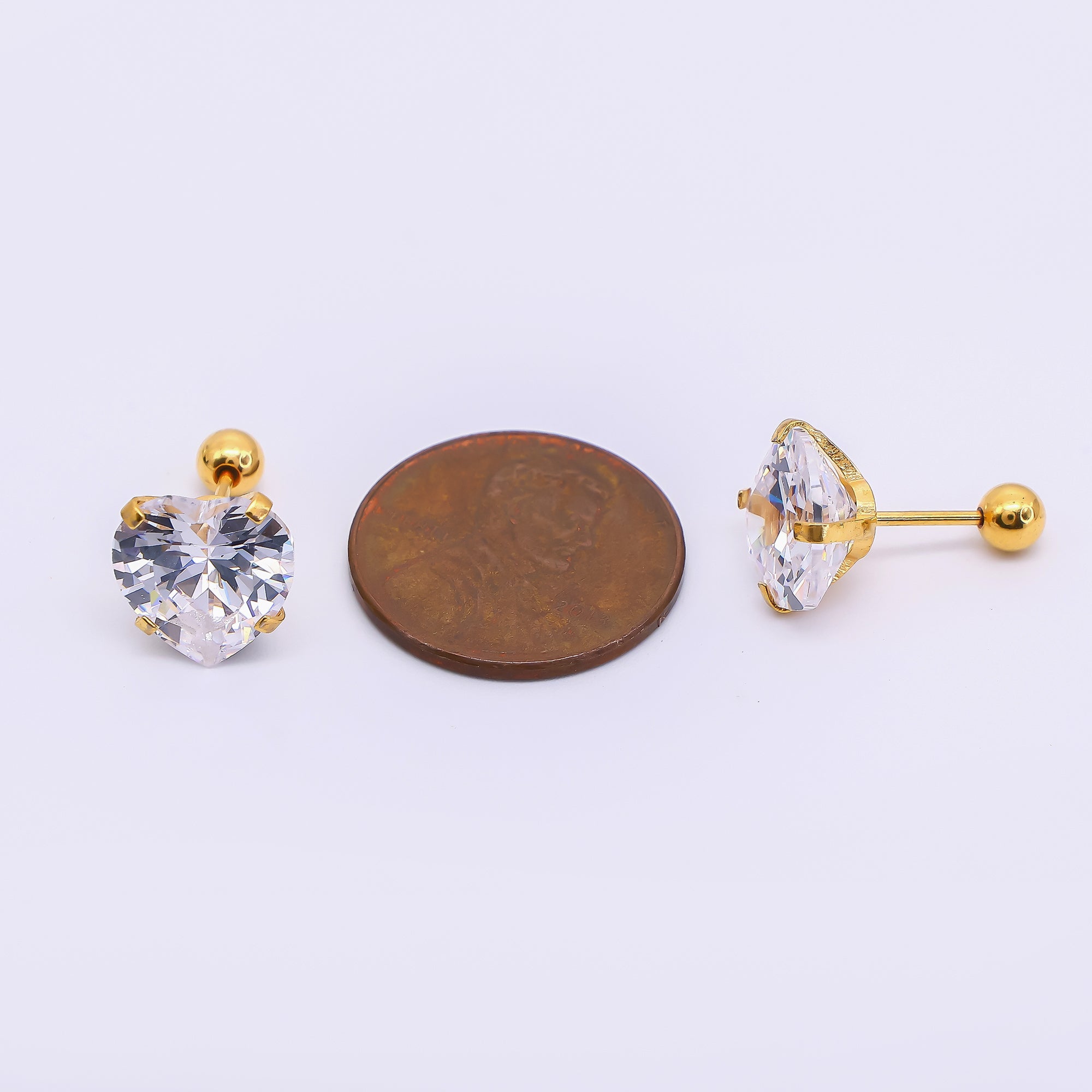Gold Stainless Steel Heart-Shaped CZ Stud Earrings in Various Sizes | AB1576 - AB1578, AB1588