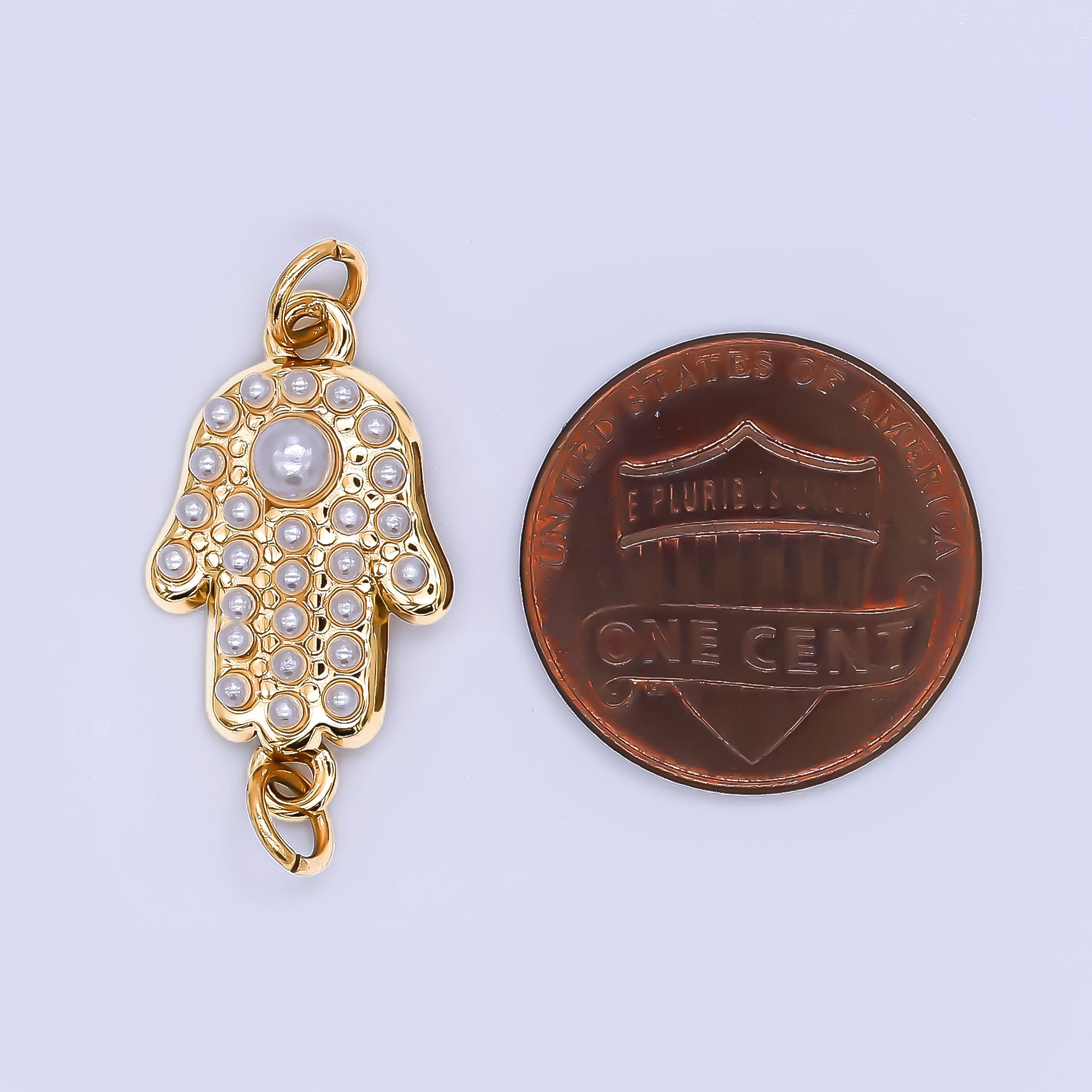Gold Stainless Steel 22mm Shell Pearl Hamsa Hand Charm Connector | Y057