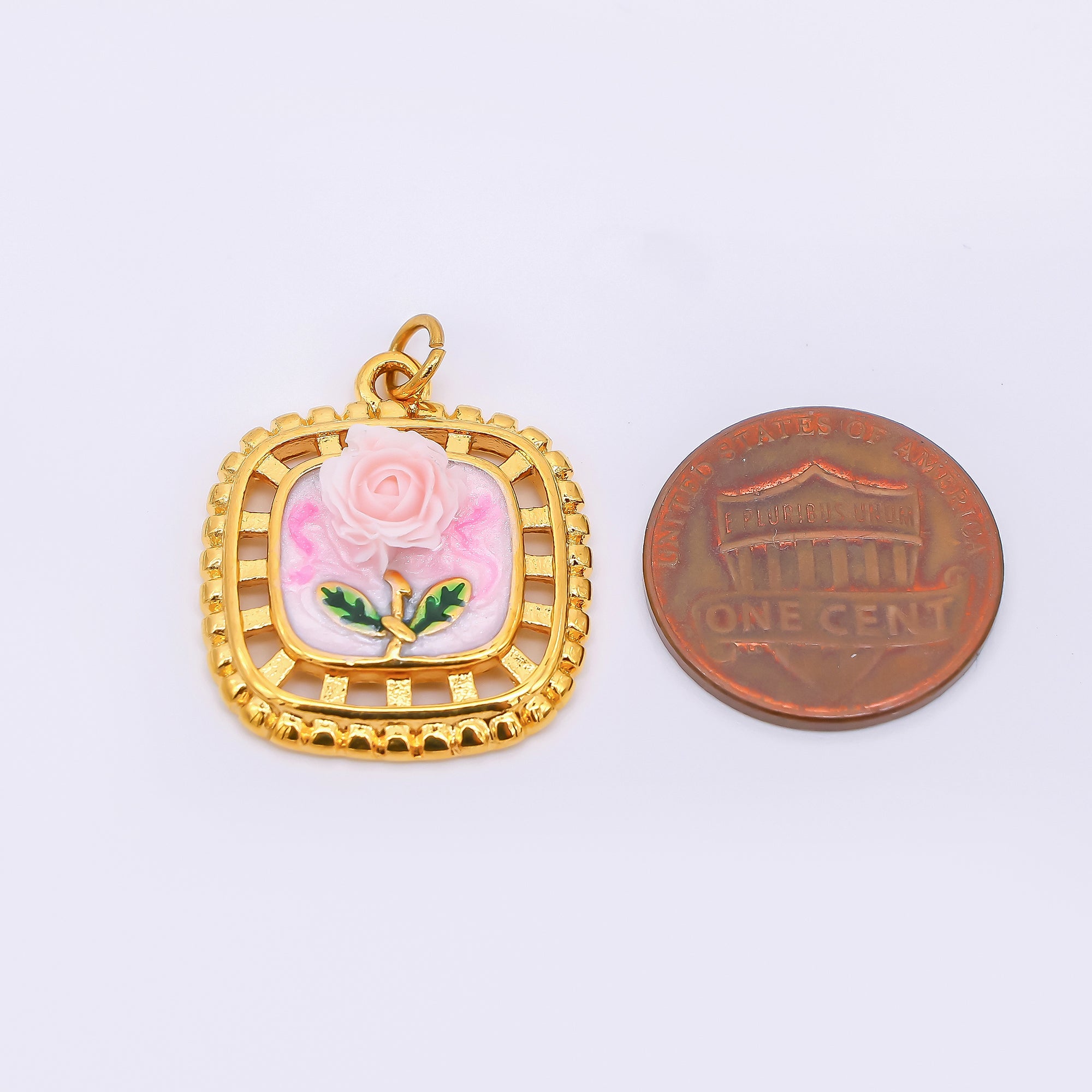 Gold Stainless Steel 24mm Hand-Painted Enamel Locket Flower Charm in Pink & Blue | J028