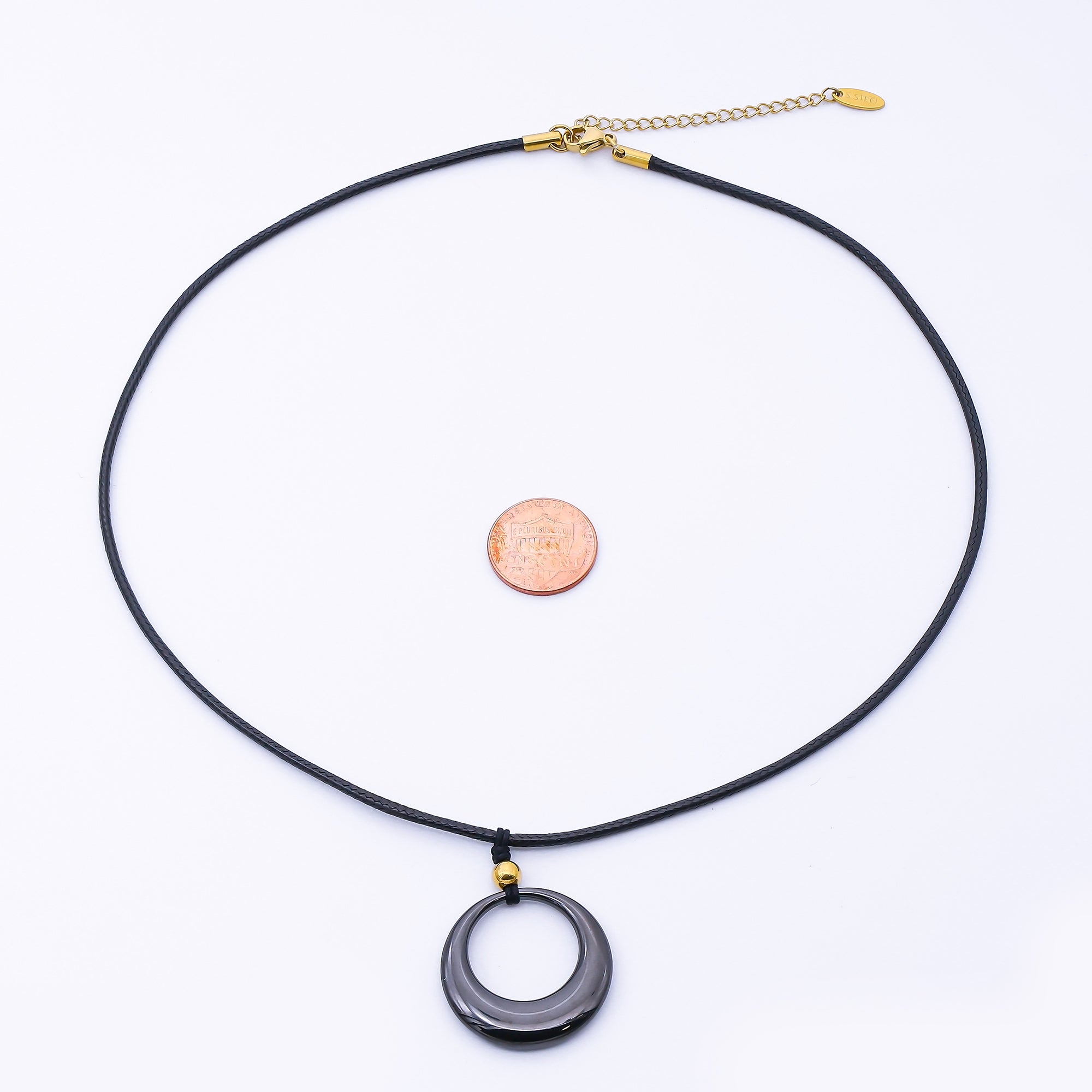 Stainless Steel Open Oval Round Black Leather Cord 18 Inch Necklace | WA-4008