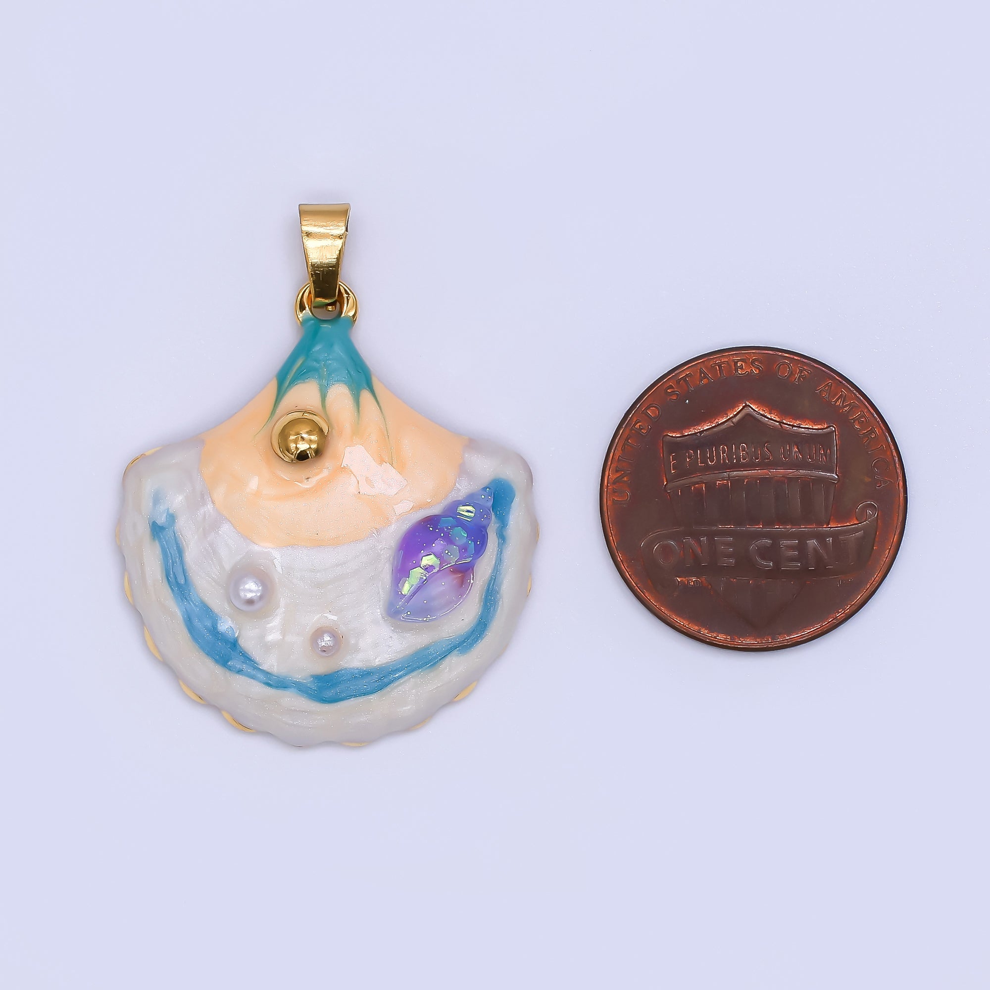 Gold Stainless Steel 30mm Hand-Painted Enamel Colorful Clam Shell Pendant | J187