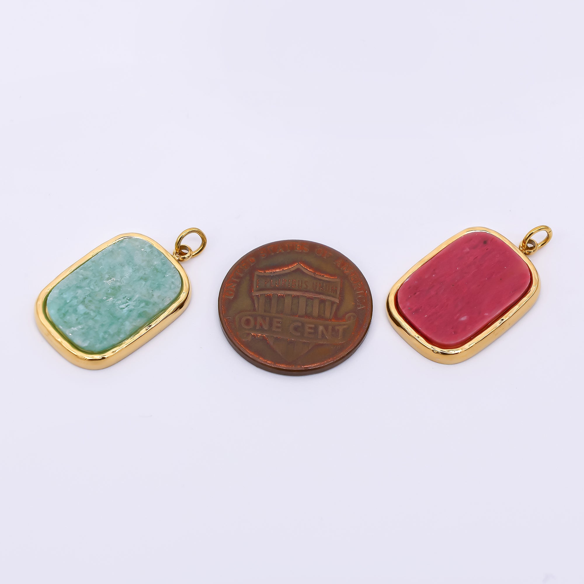 Stainless Steel 21mm Crystal Quartz Curvy Rectangular Charm in Fuchsia & Green | J-354