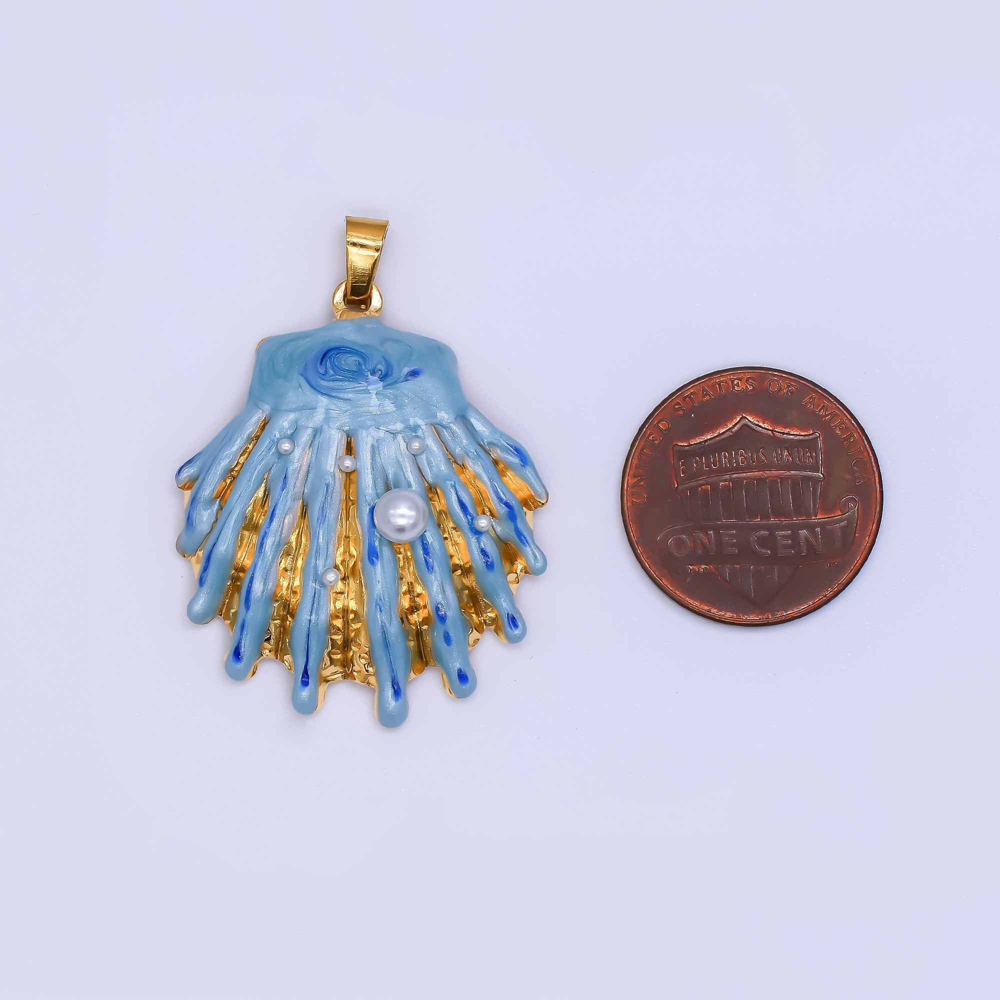 Gold Stainless Steel 33mm Hand-Painted Enamel Blue Clam Shell Pendant | J169