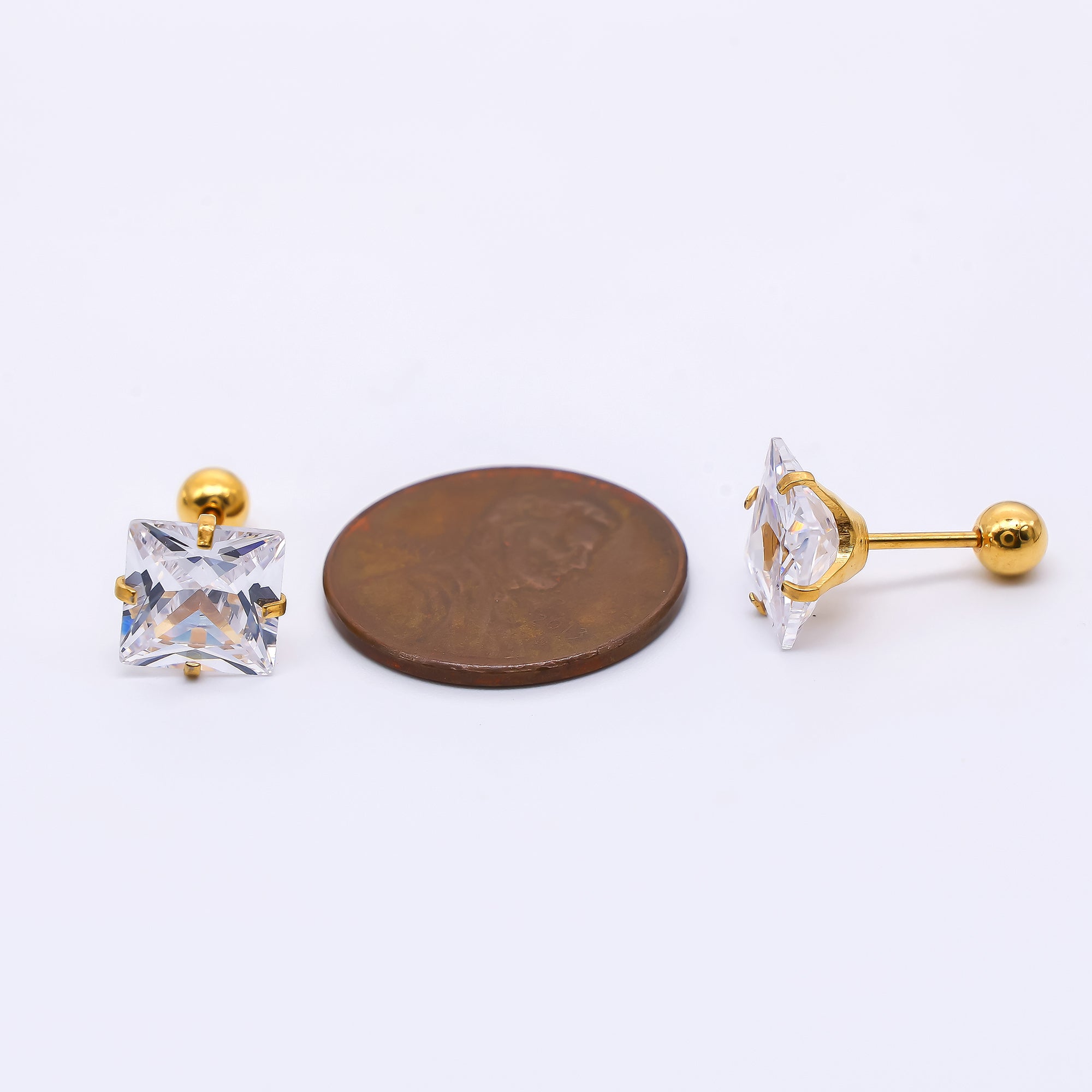Gold Stainless Steel Cube CZ Radiant Dainty Stud Earrings | AB1583