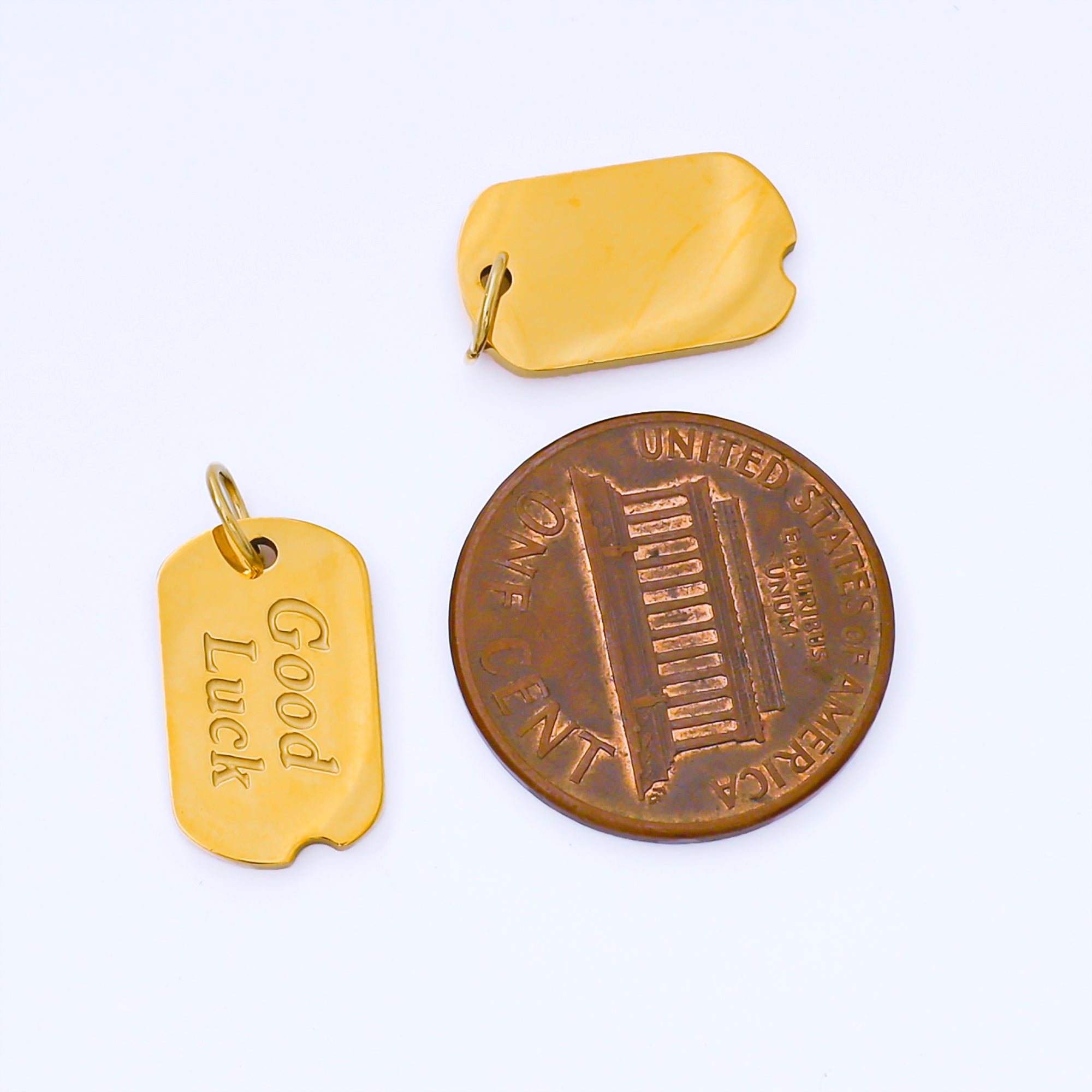 PVD Gold Stainless Steel 10mm Military Tag Good Luck Charm Words Pendant | J547