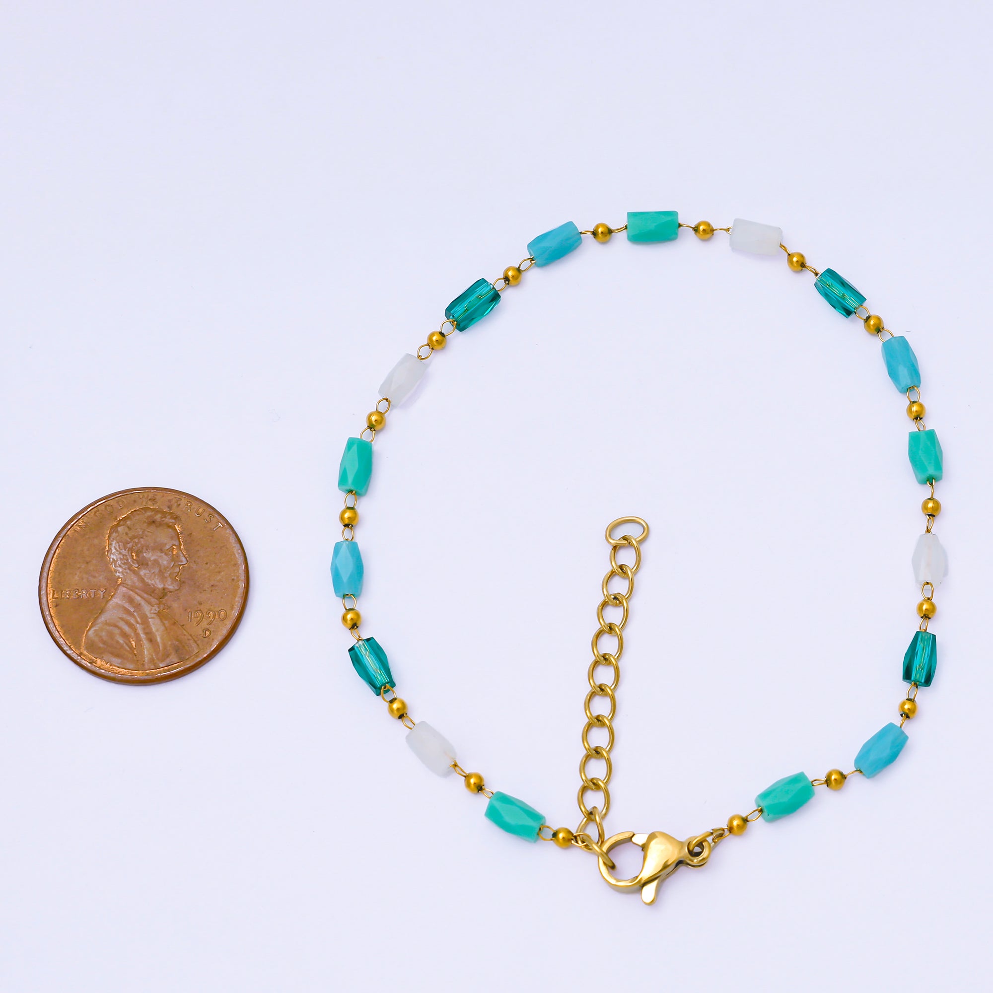 Gold Stainless Steel 1.9mm Blue, White, Teal Minimalist 7 Inches Glass Beads Bracelet | WA-1376