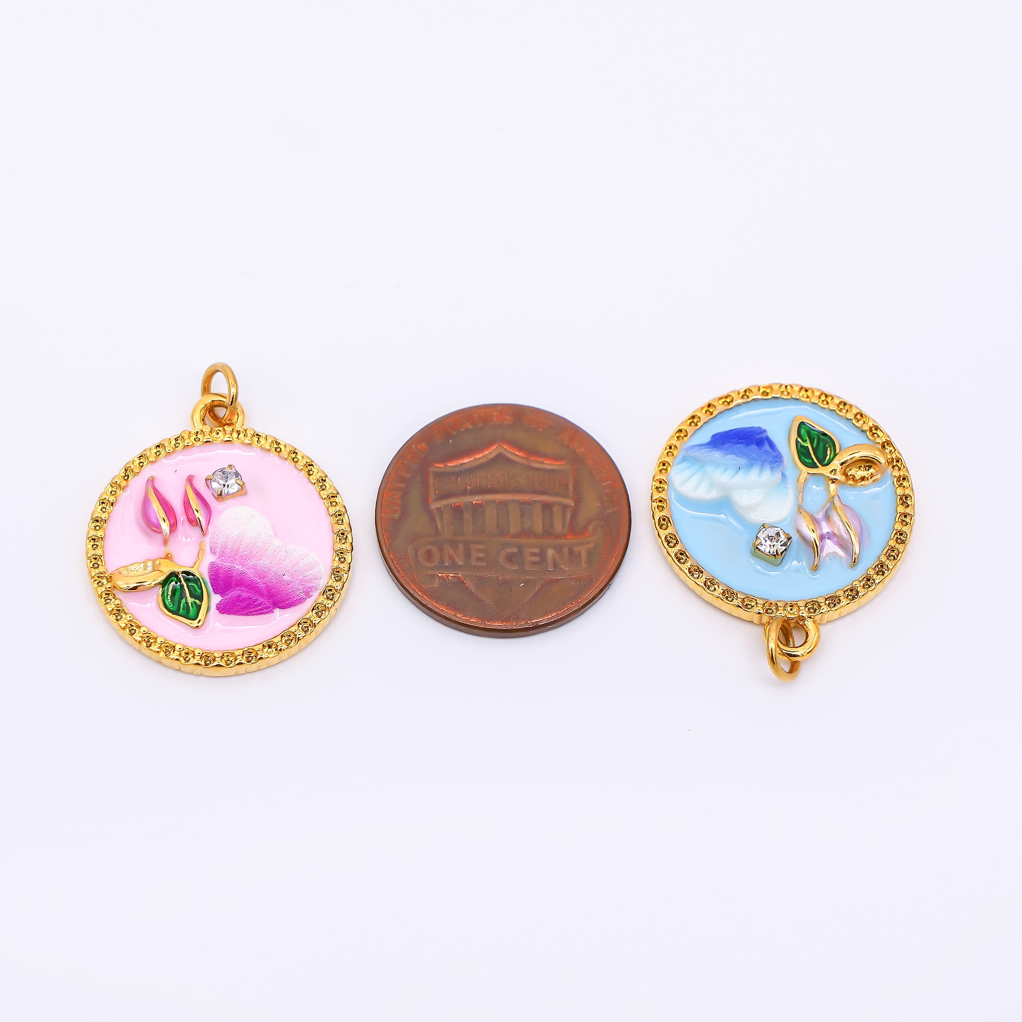 Gold Stainless Steel 23mm Round CZ Hand-Painted Enamel Flower & Heart Charm in Pink & Blue | J012