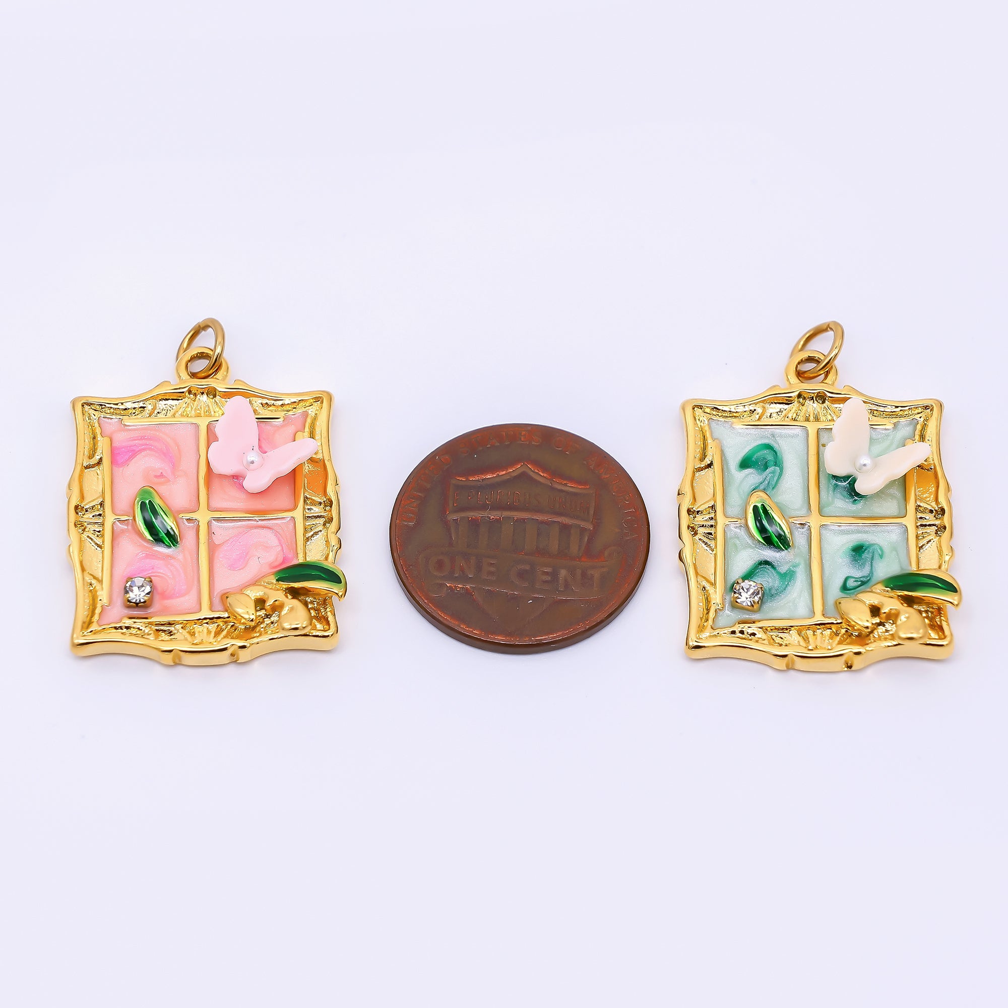 Gold Stainless Steel 26mm Hand-Painting Enamel Windows with Butterfly Charm in Green & Pink | J010
