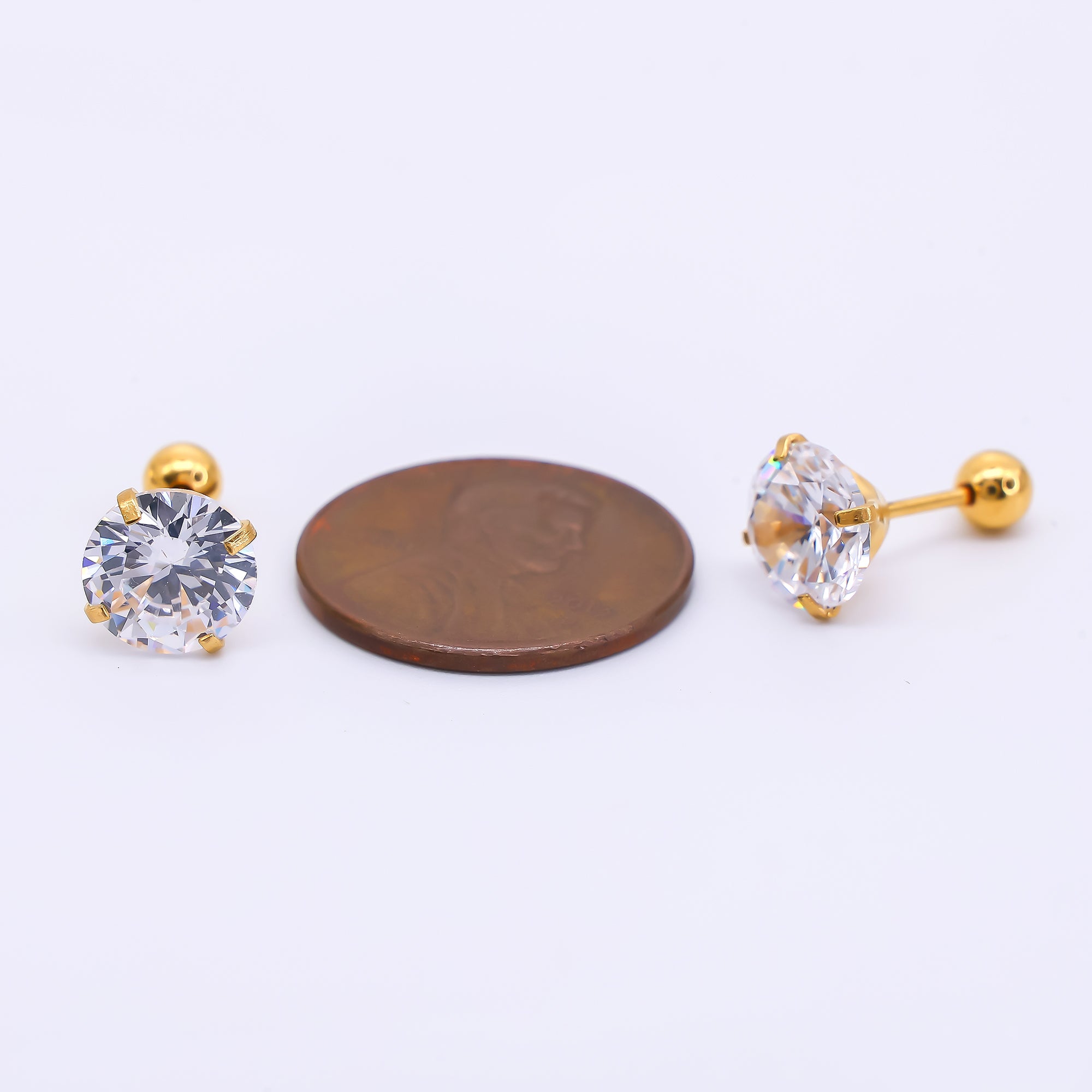 Gold Stainless Steel Round CZ Classic Stud Earrings in Various Sizes | AB1567 - AB1571