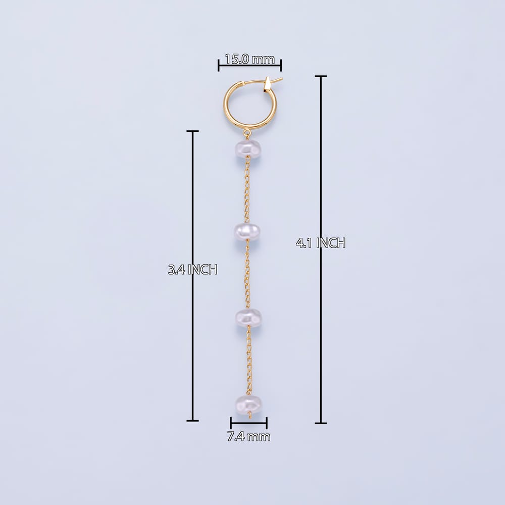 16K Gold Filled 4 Inches Shell Pearl Button Chain Drop Latch Hoop Earrings | Earrings -01257