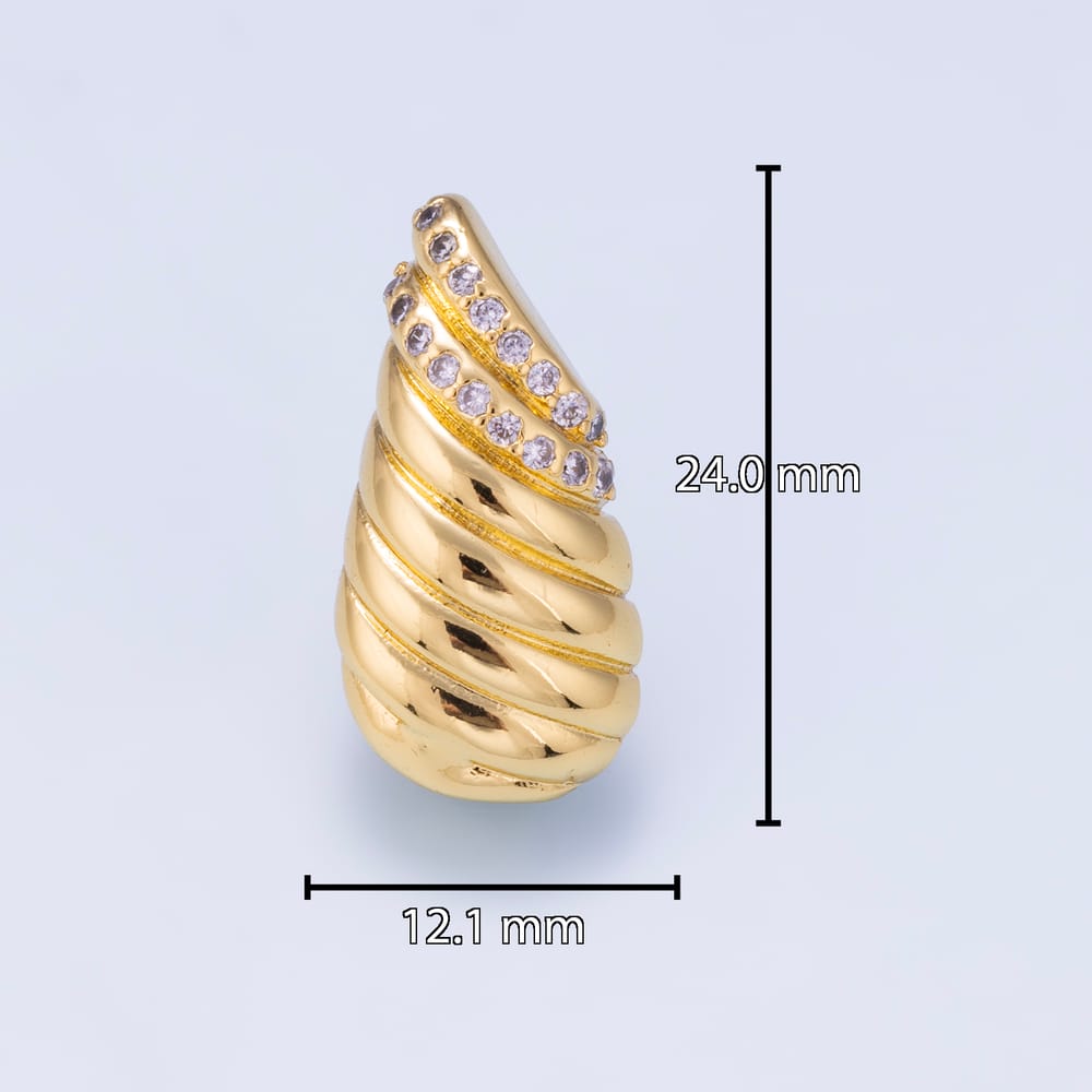 16K Gold Filled 40mm Micro Paved CZ Croissant Dome Teardrop Stud Earrings | Earrings-01244