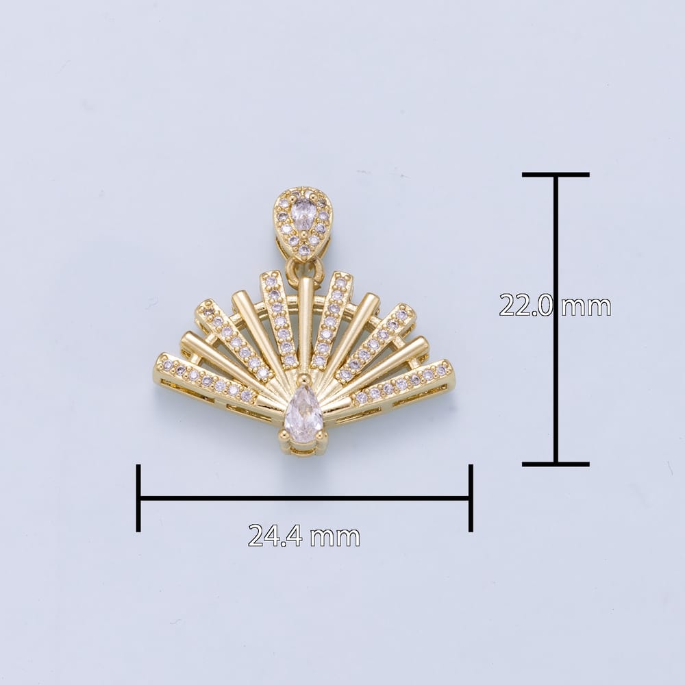 16K Gold Filled 25mm Teardrop Micro Paved CZ Sunburst Fan Bail Pendant | Connectors-00079