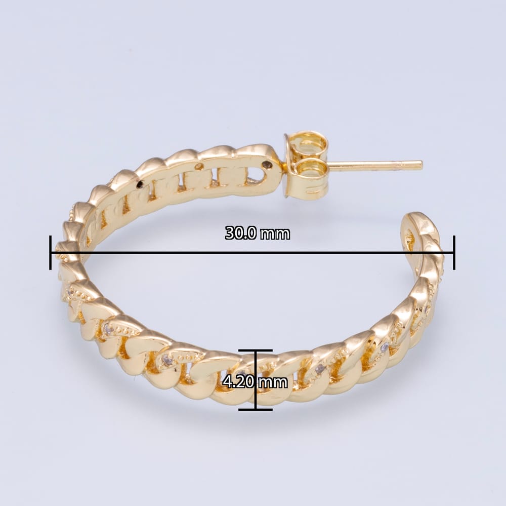 16K Gold Filled 30mm Curb Chain Minimalist C-Shaped Hoop Earrings | Earrings-01181