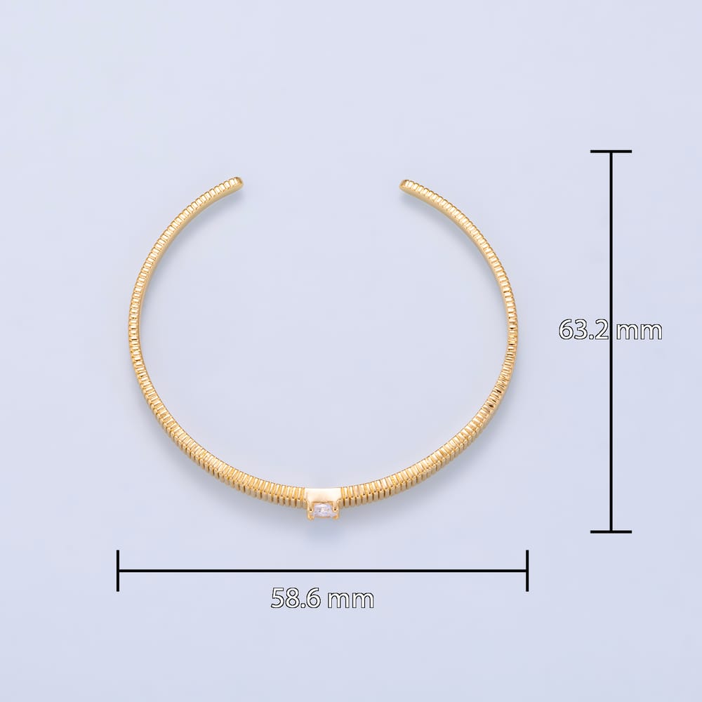 16K Gold Filled Clear CZ Baguette Ribbed Geometric Cuff Bracelet | WA-00719
